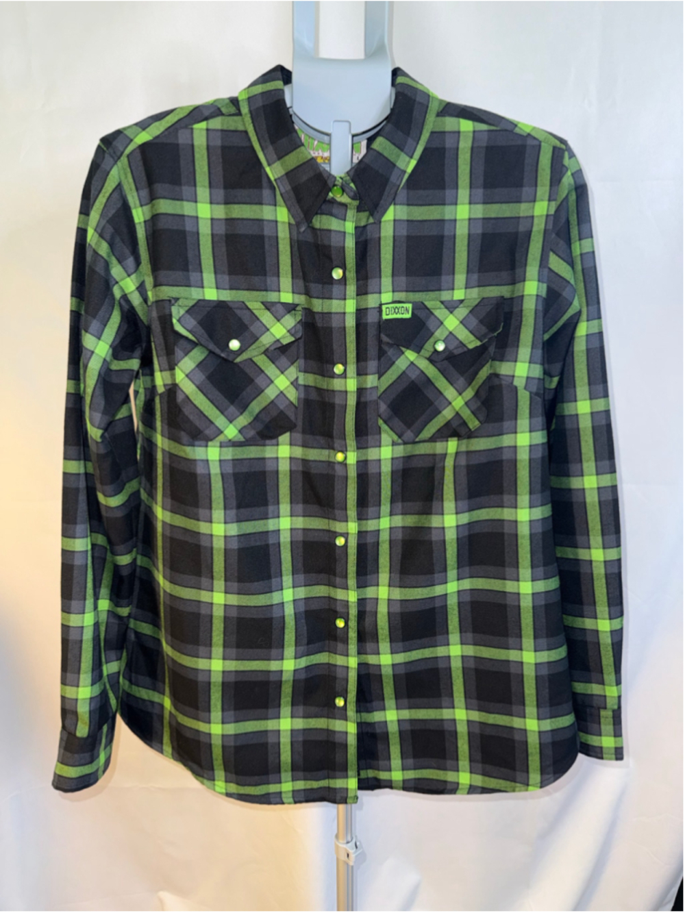 Women’s Dixxon The Shifter Flannel Shirt Size L Black Green Plaid